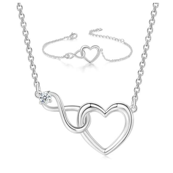Infinity Heart Set - Silver - CZs - 16-18" Necklace & Bracelet - Picture 1 of 3